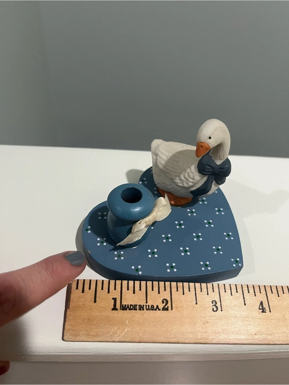Cottagecore 1988 candle holder goose with bow Blue Heart Duck Figurine with Bow